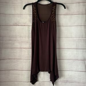 AB Studio Brown Asymmetrical Tank Top with Gold Stud Detail Size Small